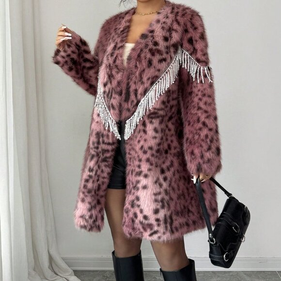Elegant Women's Pink Faux Fur Leopard Print Coat - Picture 6 of 8